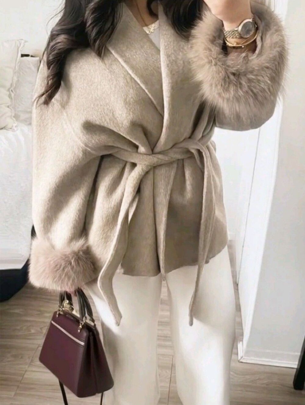 Minimalist Casual Chic Commuter Blend Long Sleeve Coat, Solid Color Faux